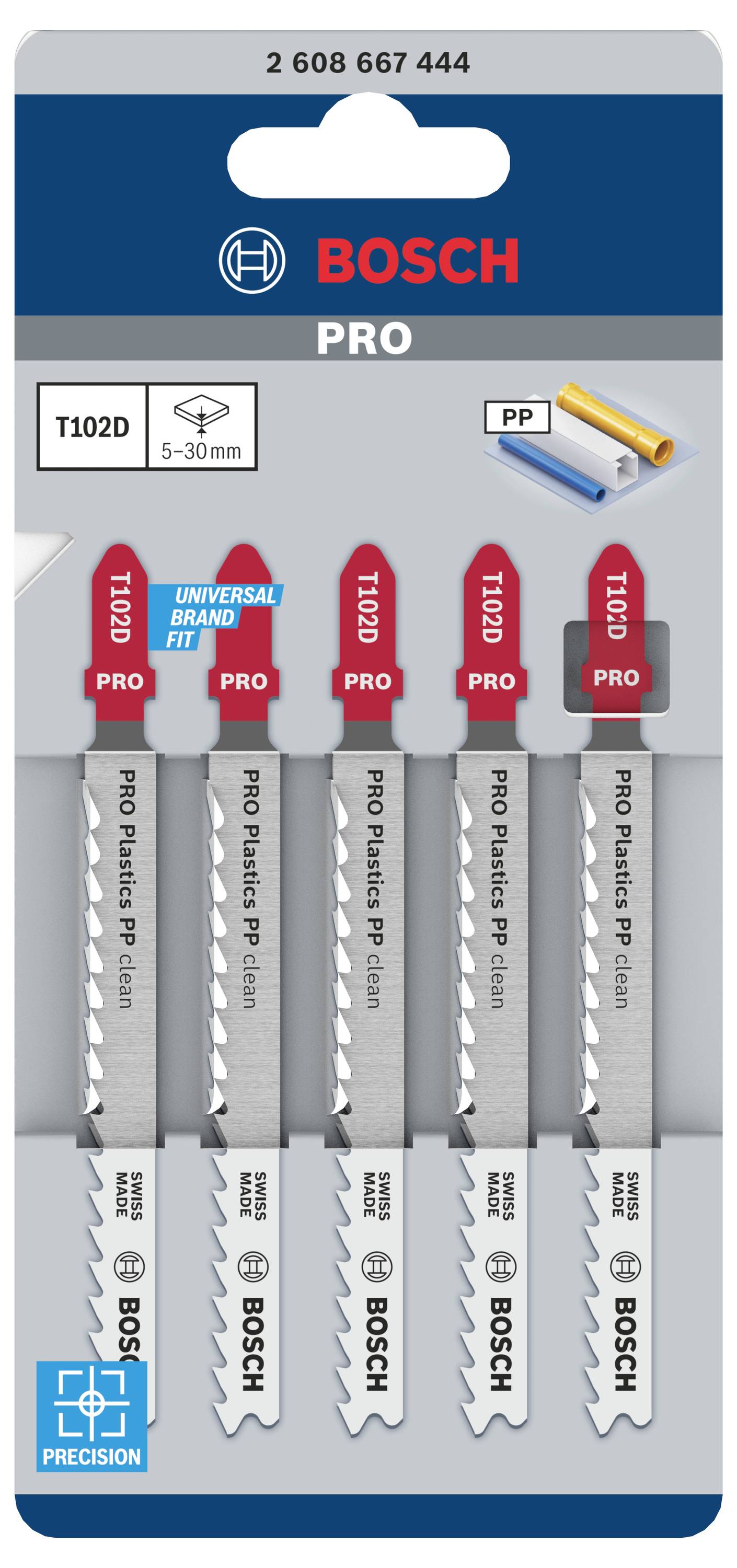 Bosch PRO Stichsägeblätter, Modell T102D, fünf Stück, geeignet für PP-Material, Bereich 5-30 mm, auf grauer Verpackung.