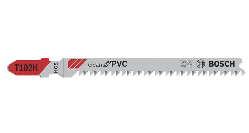 Bosch Stichsägeblatt, Modell T102H, geeignet für saubere Schnitte in PVC, HCS-Material, hergestellt in der Schweiz.