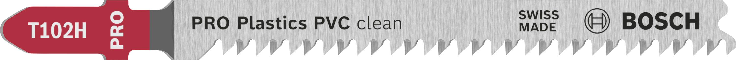 Sägeblatt mit der Aufschrift 'T102H PRO Plastics PVC clean SWISS MADE BOSCH'. Es ist für das Schneiden von PVC vorgesehen.