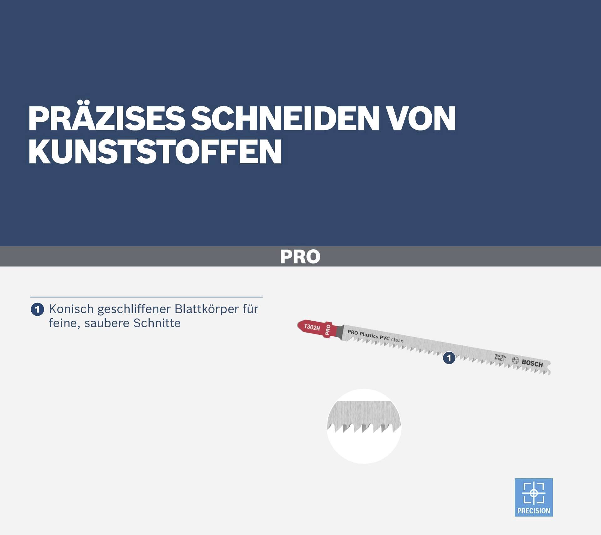 Präsentation eines Sägeblatts für Kunststoff, mit Text 'Präzises Schneiden von Kunststoffen'. Eigenschaft: konisch geschliffener Blattkörper.