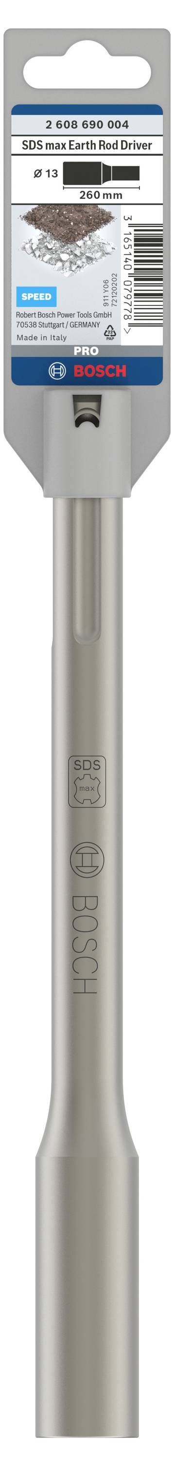 Bosch SDS-plus Fliesenmeißel, 260 x 40 mm, Verpackung vorne sichtbar. Geeignet für Fliesenentfernung. Produktetikett oben.