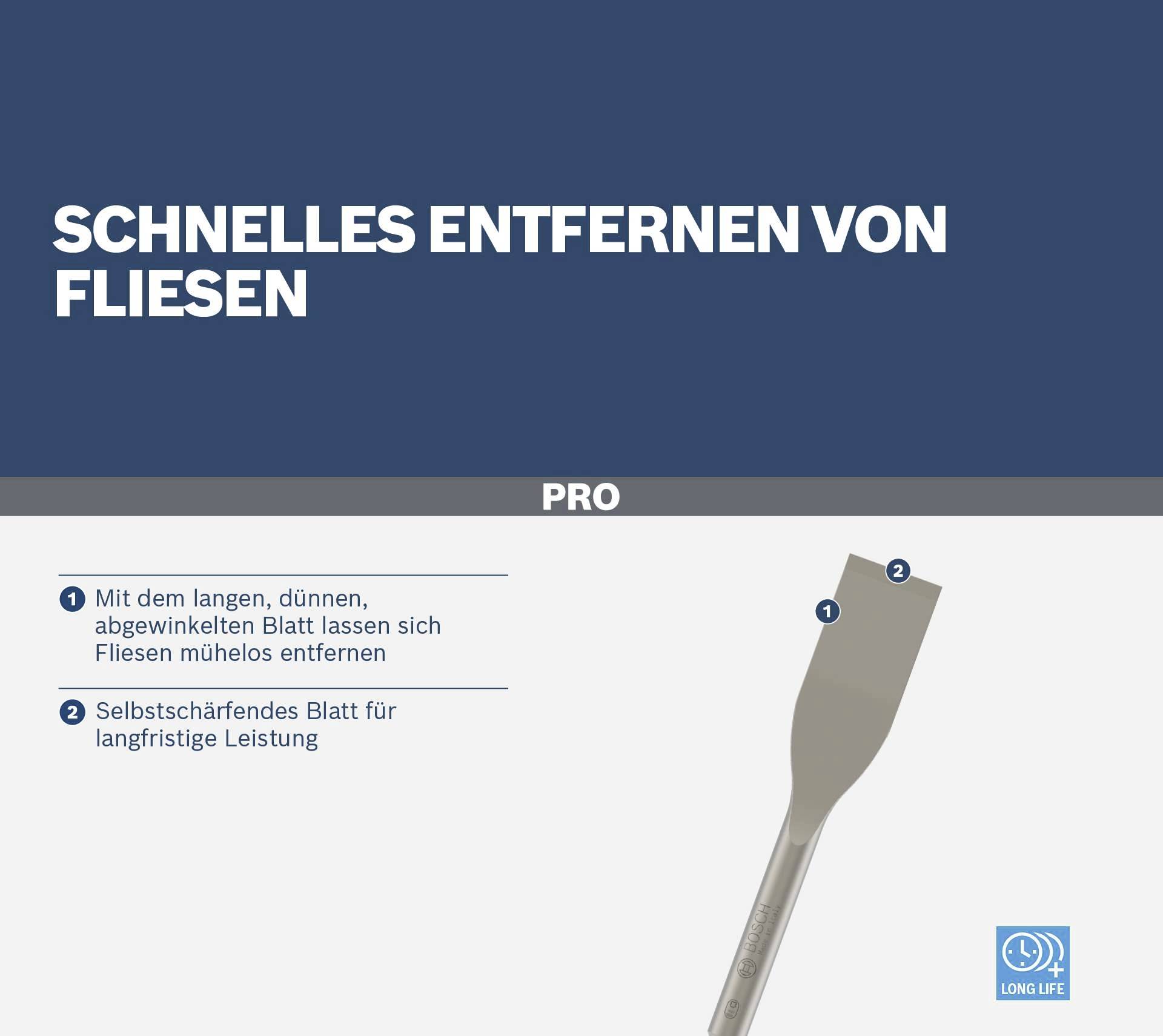 'Schnelles Entfernen von Fliesen' Werkzeug mit langem, dünnem Blatt für müheloses Entfernnen und selbstschärfendem Design.