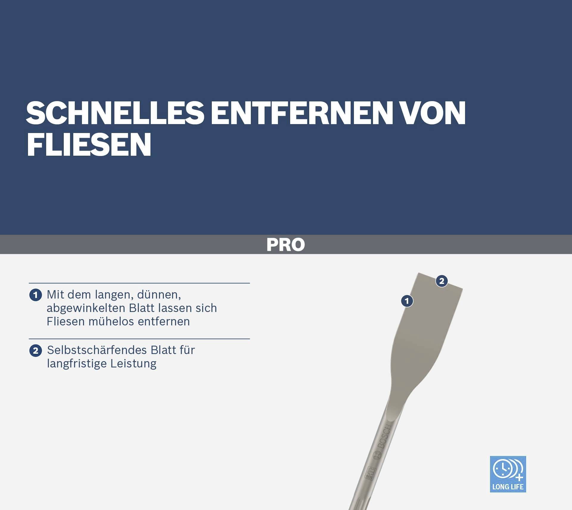 'Schnelles Entfernen von Fliesen': Ein Werkzeug mit langem, dünnem Blatt zum leichten Entfernen von Fliesen und selbstschärfender Klinge.