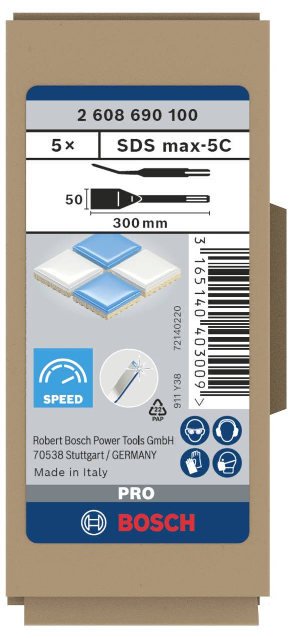 Verpackung eines 5er-Sets SDS max-5C Bohrer, 300 mm Länge, Marke Bosch, mit Geschwindigkeits- und Lebendauer-Symbolen, hergestellt in Italien.