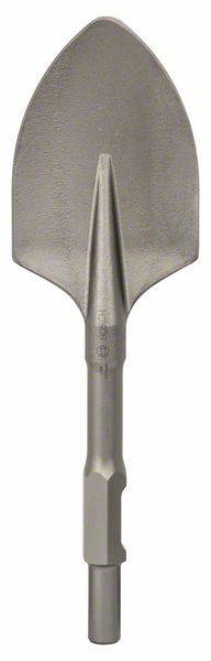 Spatenbit aus Metall mit spitzer Kante, geeignet zum Bohren in Erdreich; graue, matte Oberfläche.