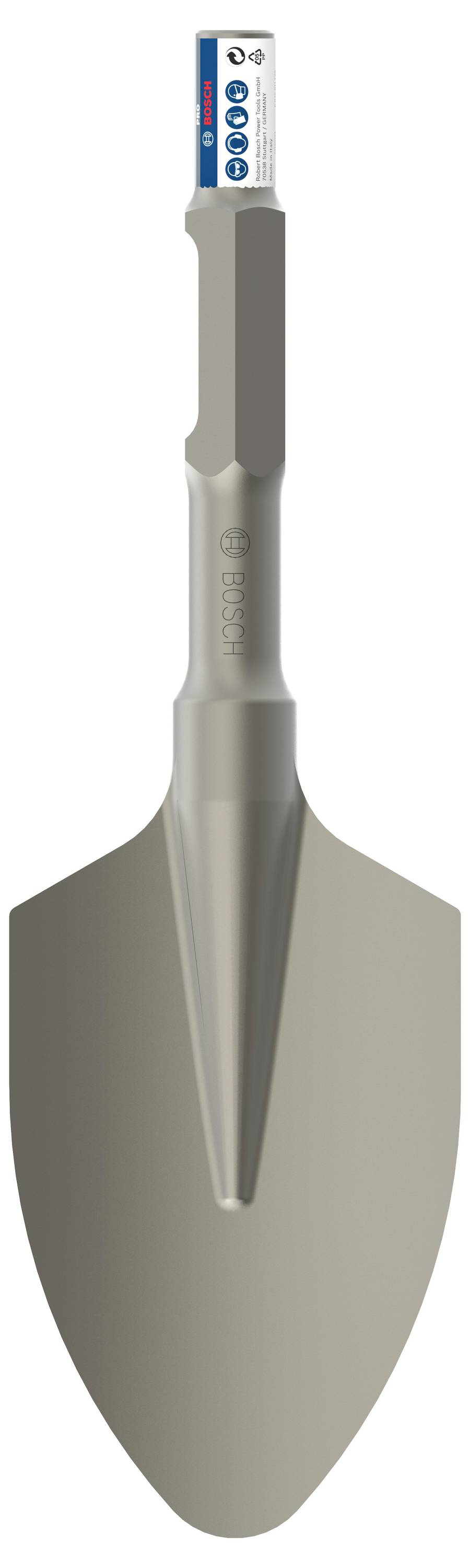 Ein silbernes Gartengerät, wahrscheinlich eine Handschaufel, aus Metall mit einem Aufkleber am Griff.
