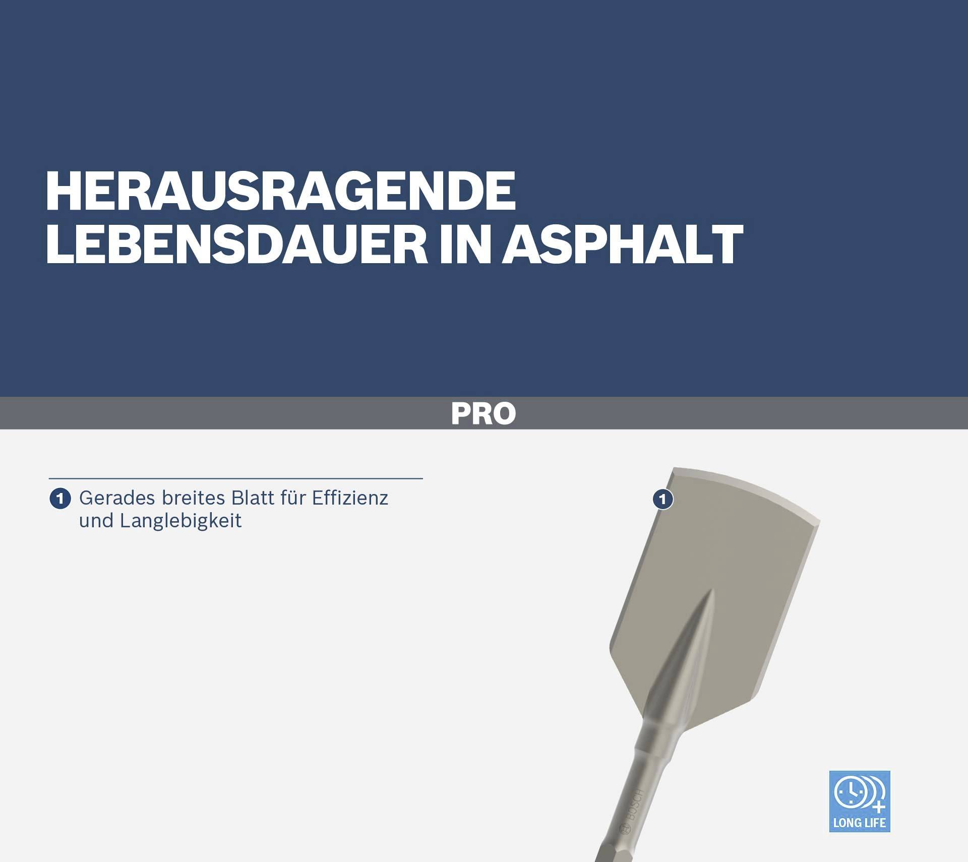 Schaufel mit breit geformtem Blatt für Effizienz und Langlebigkeit, hervorgehoben in einem Werbebild mit Betonung auf Asphalt-Verwendung.