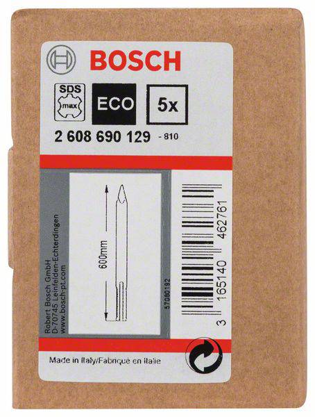 Verpackung eines Bosch SDS Max Bohrers, ECO-Serie, 5 Stück. Produktnummer: 2 608 690 129. Bohrerlänge: 600 mm. Hergestellt in Italien.