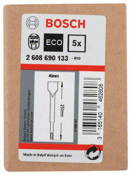 'Bosch' Verpackung für Flachfräsbohrer, 5er-Set mit 40mm Durchmesser und 250mm Länge. Hergestellt in Italien.