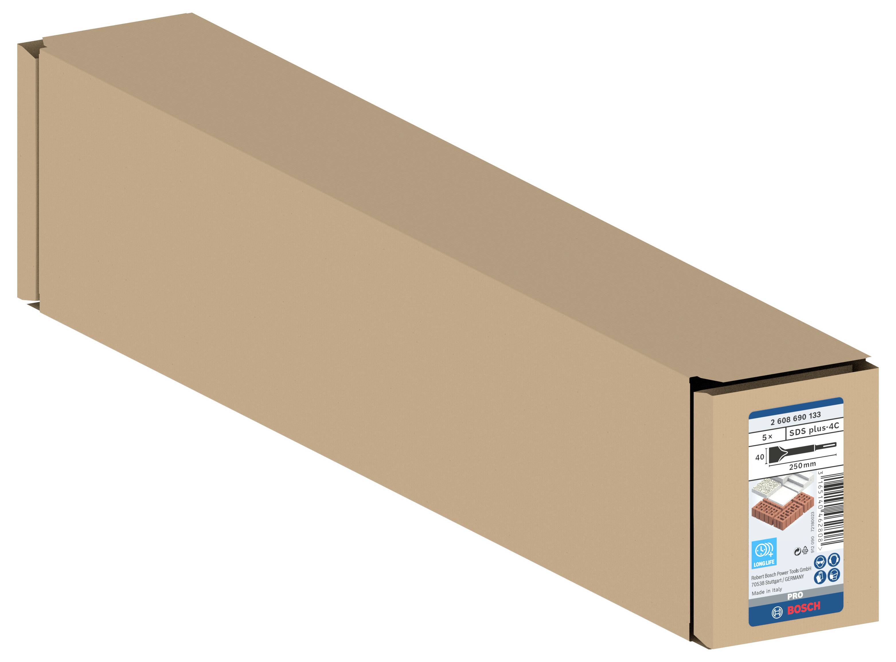 Ein rechteckiger, geschlossener Karton mit Bosch-Logo, enthält Ziegelbohrer.