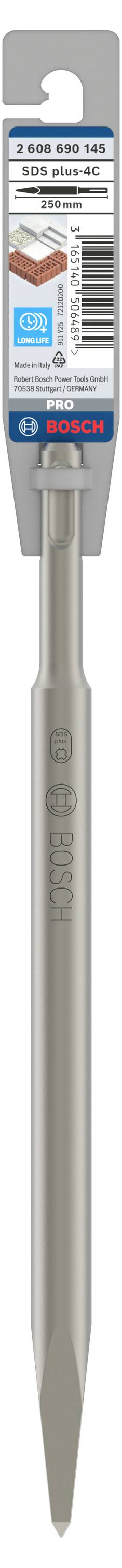 Ein grauer Flachmeißel von Bosch mit sechskantigem Schaft, geeignet für den Einsatz in Bohrhämmern. Verpackung zeigt Produktdetails.