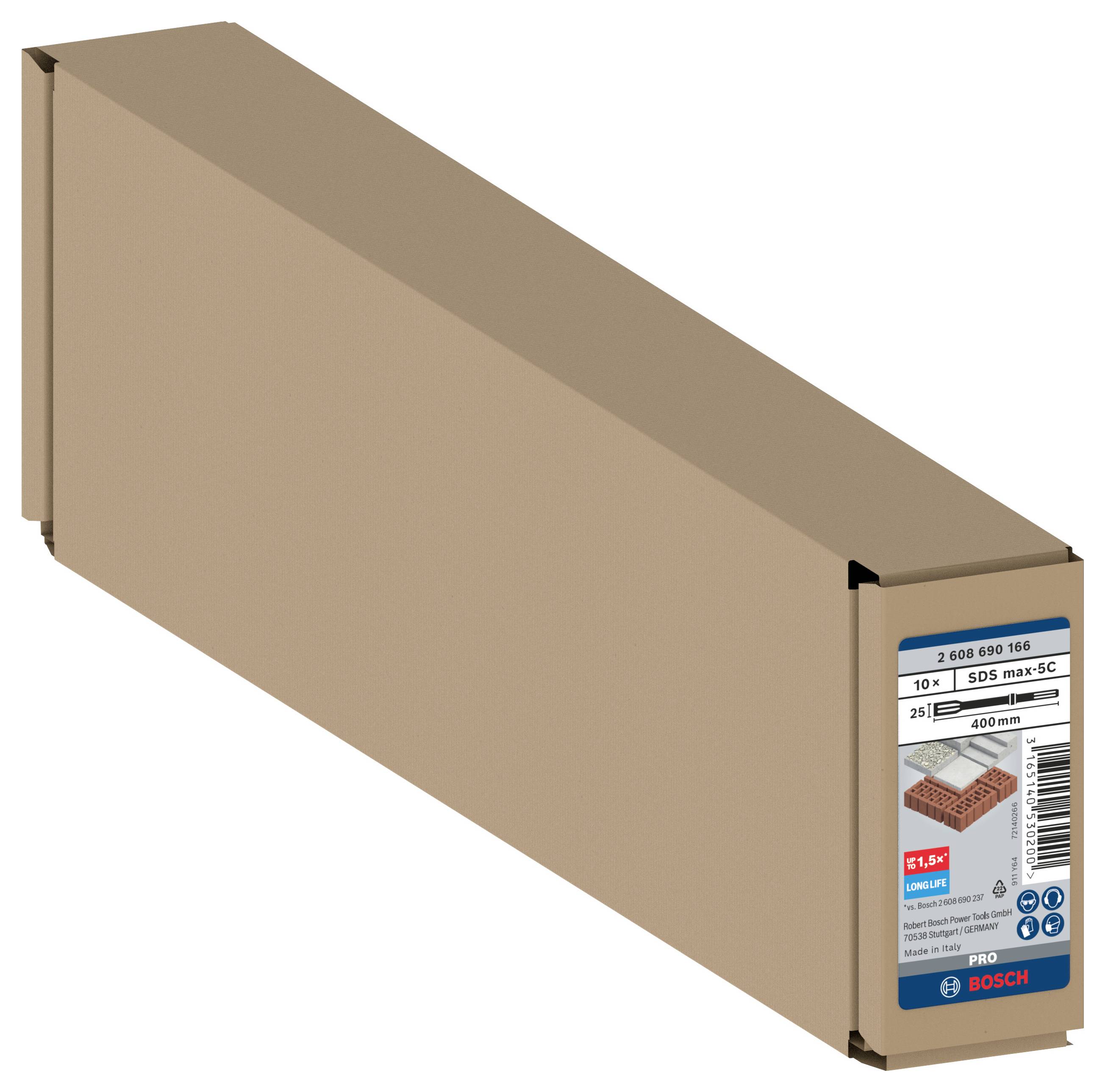 Eine längliche Verpackung mit einem Etikett von Bosch. Enthält Fliesenbohrer '5,0S max SC'.