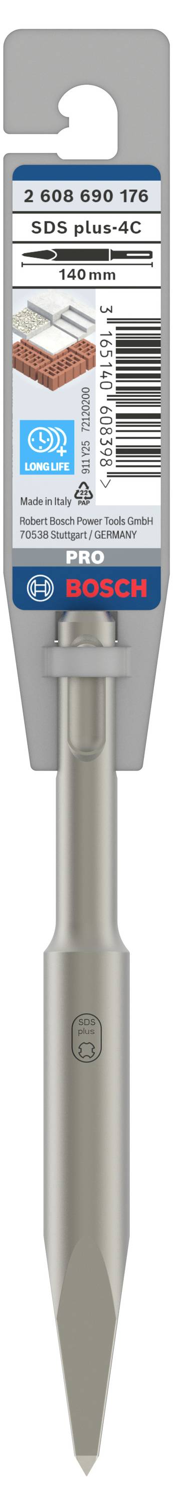 Bosch Meißel, 250 mm, für Beton- und Ziegelarbeiten. Verpackung zeigt Produktbeschreibung und technische Details.
