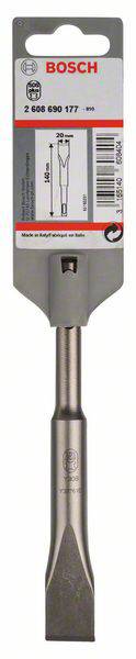 Spatmeißel von Bosch, Modellnummer 2 608 690 177, geeignet für SDS-plus. Verpackung zeigt Abbildung und Maße des Meißels.