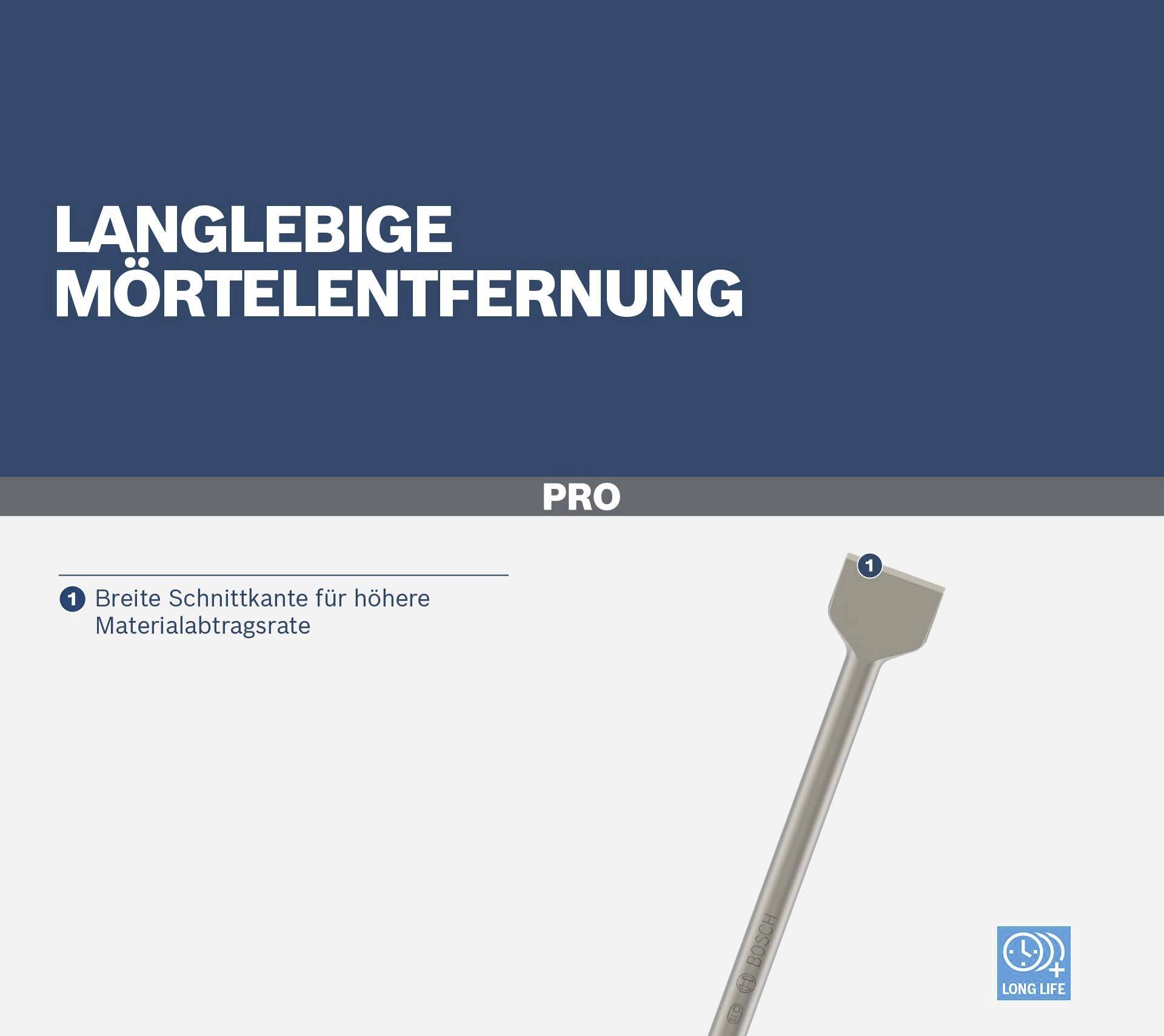 'Langlebige Mörtelentfernung' in fettgedruckter Schrift oben links; darunter ein Werkzeug mit breiter Schneide beschrieben als geeignet für höhere Materialabtragsrate.