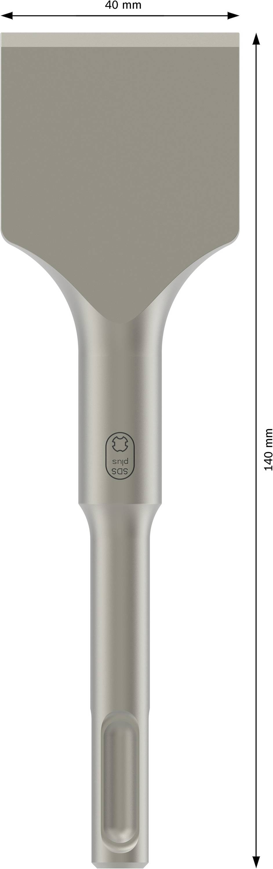 Ein flacher Meißel mit einer Breite von 40 mm und einer Gesamtlänge von 140 mm, geeignet für Bauarbeiten oder Materialabtrag.