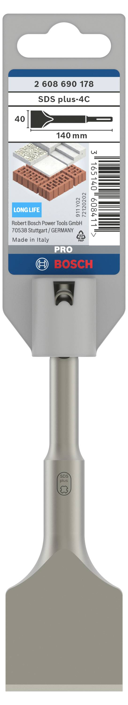 Bohrer mit flachem Meißelaufsatz für Mauerwerk als Illustration auf der Verpackung. Länge 140 mm, Breite 40 mm. Marke 'Bosch'.