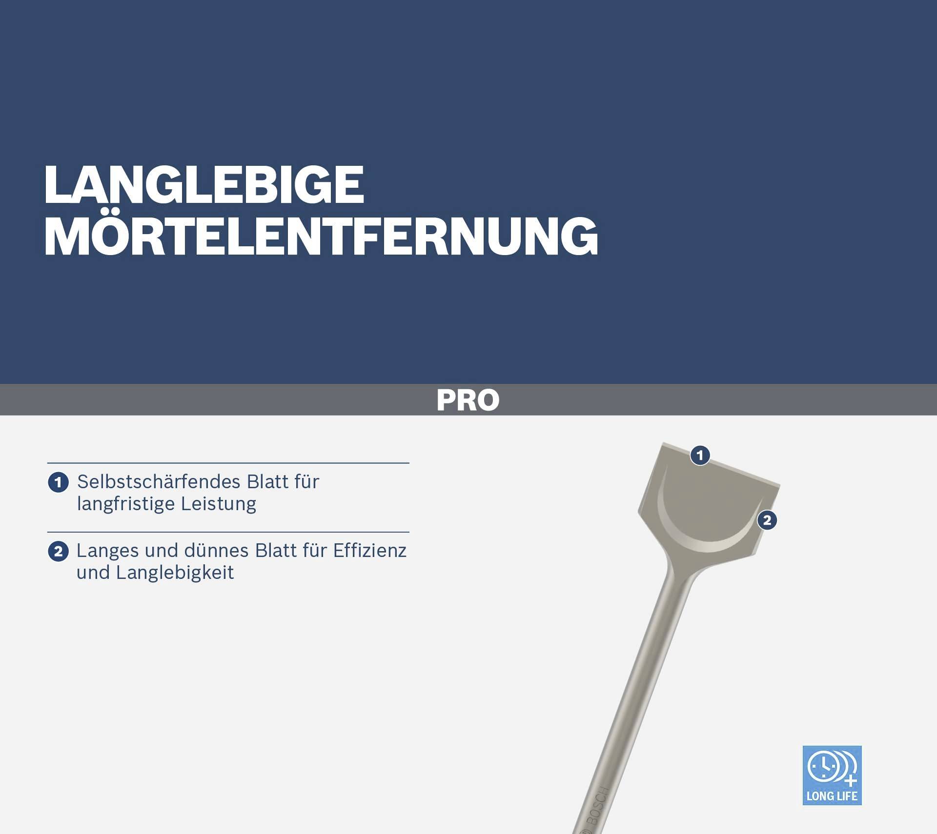 'Langblebige Mörtelentfernung Pro' zeigt ein selbstschärfendes, langes, dünnes Blatt für effiziente Leistung und Langlebigkeit.