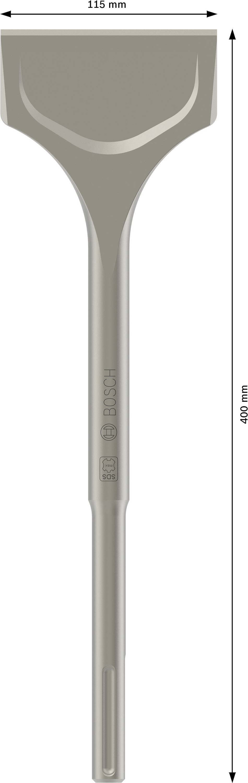 Breites Flachmeißel mit Abmessungen: 115 mm Breite, 400 mm Länge. Geeignet für Abbrucharbeiten und Steinbearbeitung.