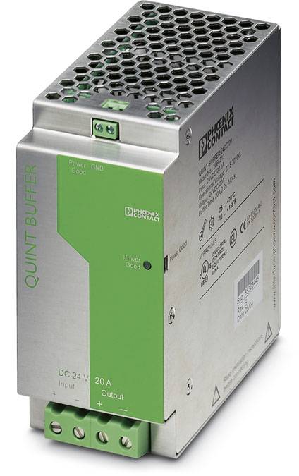 Ein industrielles Netzteil mit der Aufschrift 'QUINT BUFFER', grüner Vorderseite, seitlichen Lüftungsschlitzen und Anschlüssen.
