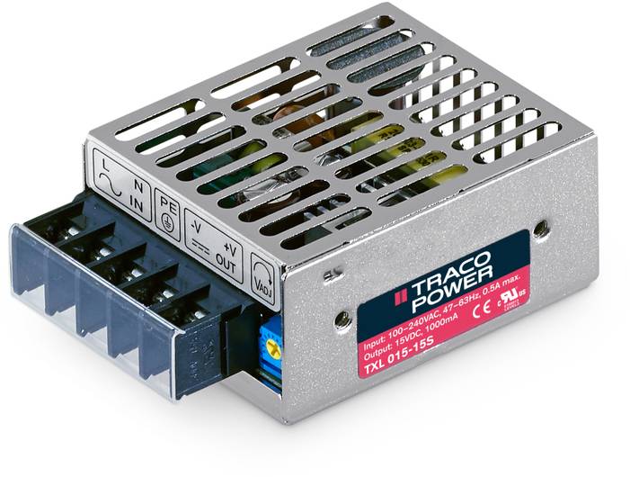Metallgehäuse mit Lüftungsschlitzen eines TRACO Power Moduls, Modell TXL 015-155, zur Spannungswandlung bei elektrischen Geräten.