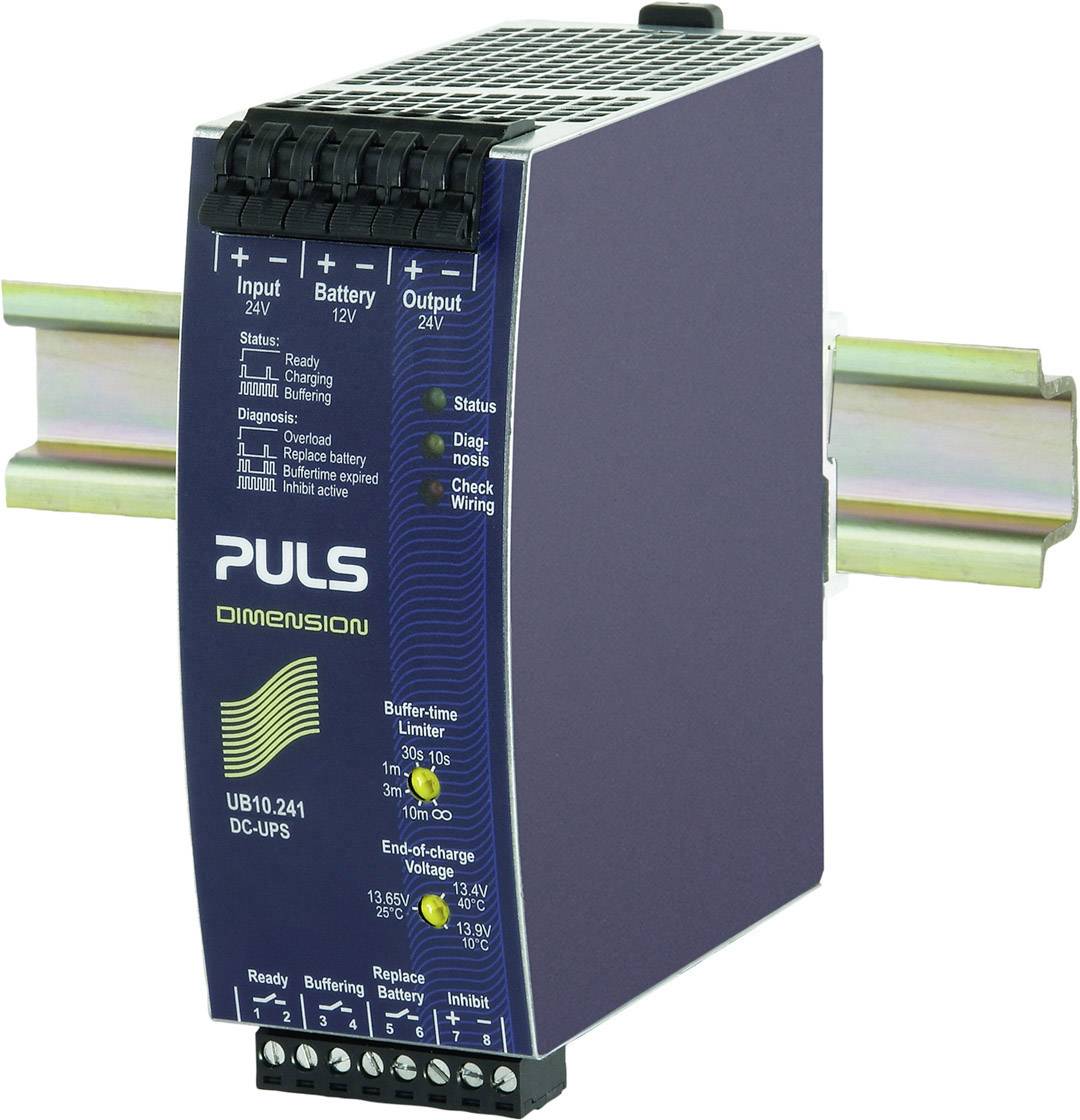 Industrielle DC-UPS von Puls, Modell UB10.241; Eingang 24V, Batterie 12V, Ausgang 24V; Statusanzeigen und Klemmenanschlüsse sichtbar.