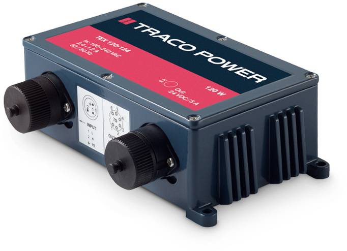 Industrienetzteil von Traco Power, 120 W, blaues Gehäuse mit zwei schwarzen Anschlüssen und Infos auf der Oberseite.