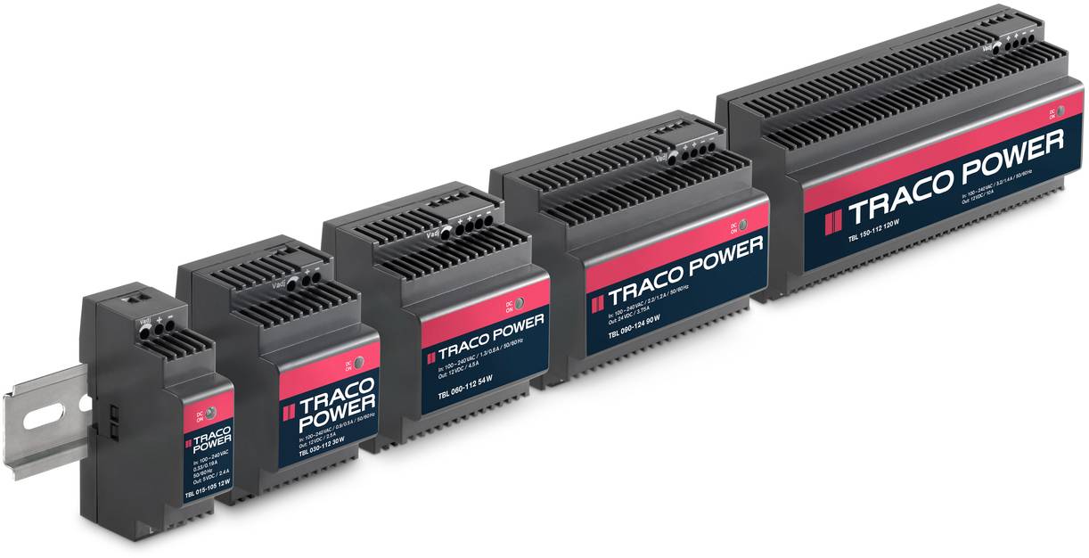 Fünf schwarze Netzteile mit 'TRACO POWER'-Logo in verschiedenen Größen, die nebeneinander aufgereiht sind. Sie haben rote und blaue Etiketten.