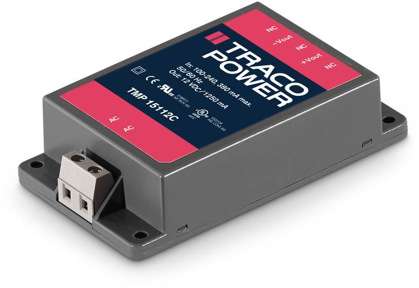 Stromversorgungsbauteil von Traco Power, Modell TMP 15112C, mit Anschlüssen auf der Seite. Geeignet für AC/DC-Eingang.