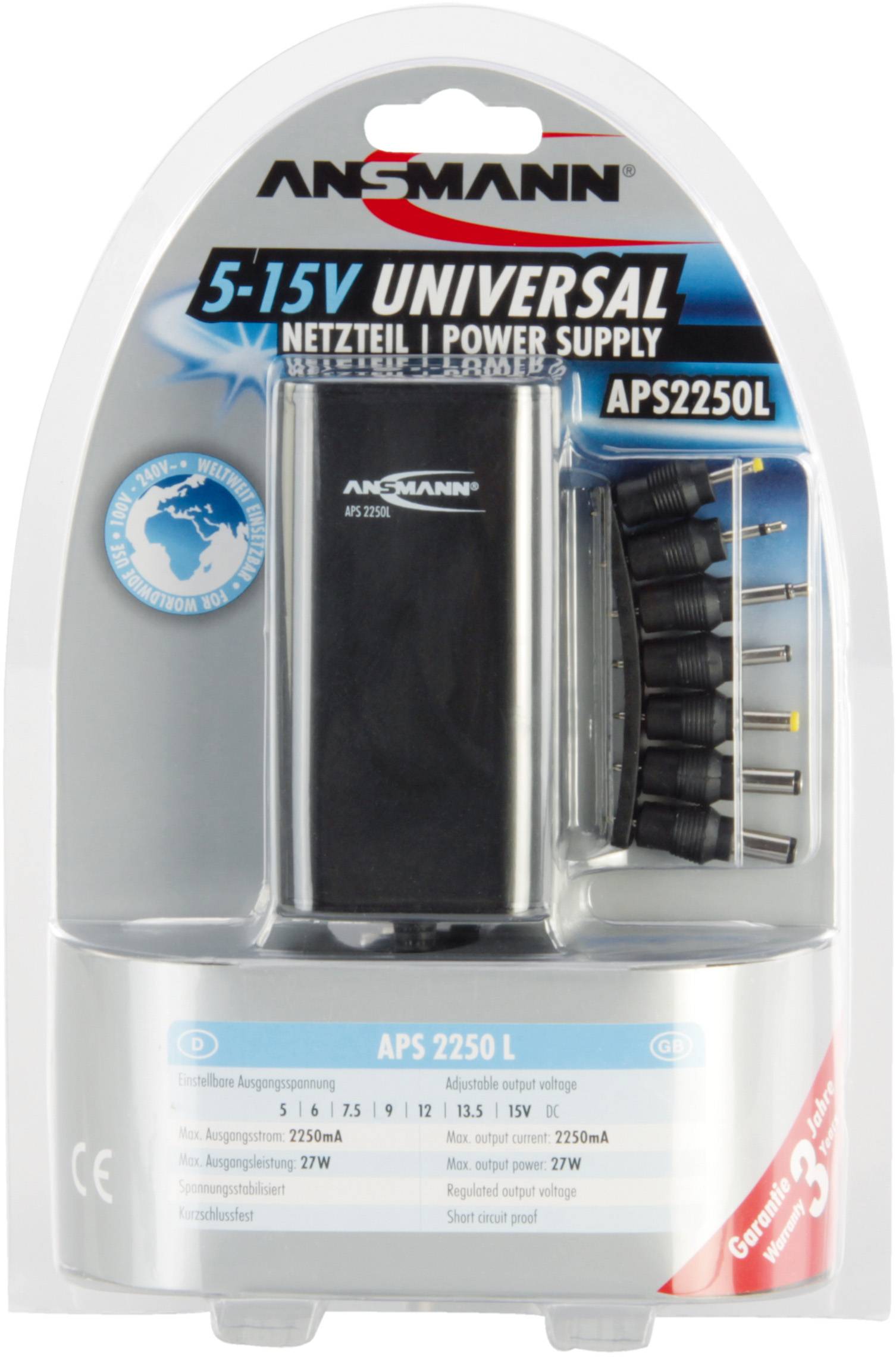 Ansmann 5311133-510 Tischnetzteil, einstellbar 5 V/DC, 6 V/DC, 7.5 V/DC, 9 V/DC, 12 V/DC, 13.5 V/DC, 15 V/DC 2250mA 27W