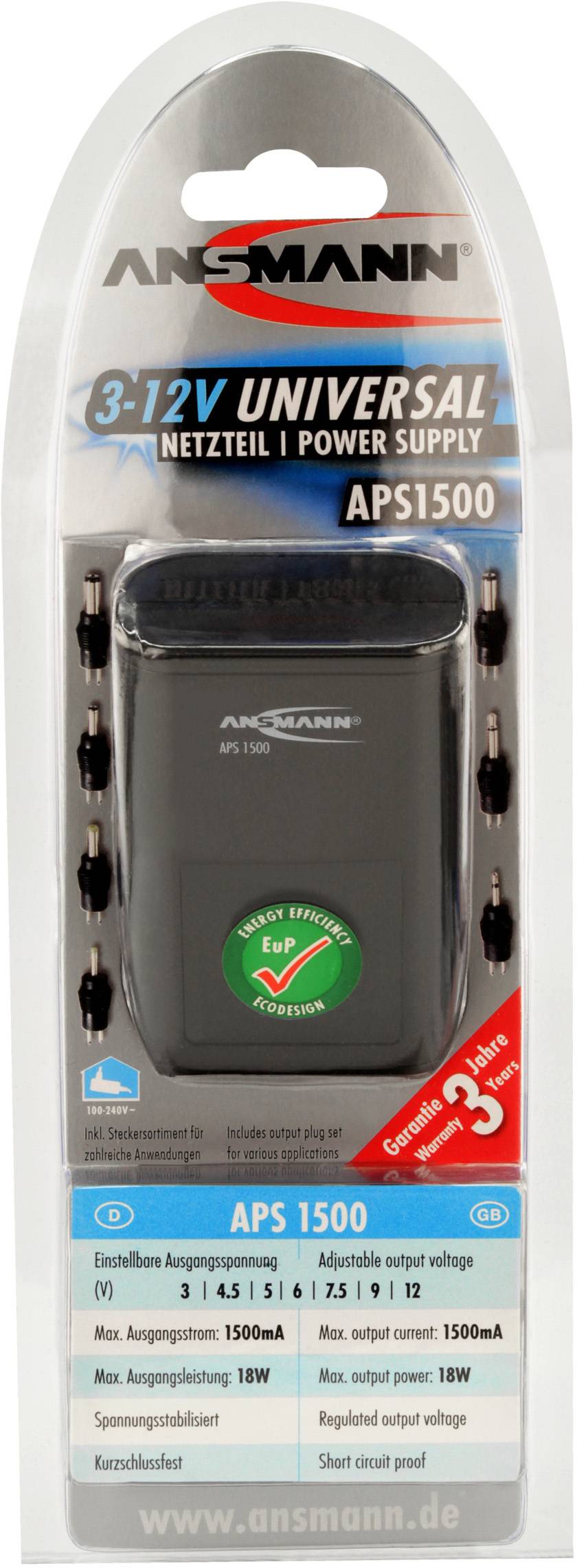 Ansmann 5111253-510 Steckernetzteil, einstellbar 3 V/DC, 4.5 V/DC, 5 V/DC, 6 V/DC, 7.5 V/DC, 9 V/DC, 12 V/DC 1500mA 18W