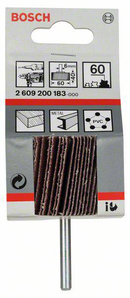 Schleiflamellen-Set für Bohrmaschinen, geeignet für Holz und Metall, mit 60er Körnung. Verpackung zeigt Werkzeugkompatibilität.