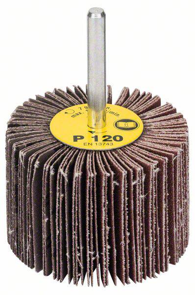 Schleifmop mit Körnung P120, geeignet für Feinschliff und Oberflächenbearbeitung. Enthält Sicherheitskennzeichnung EN 13743.