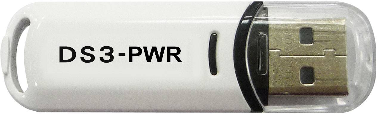 USB-Stick mit der Aufschrift 'DS3-PWR', klassisches Design mit transparenter Kappe über dem USB-Stecker.