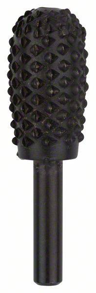 Ein zylindrischer rotierender Fräser mit rauer, gezackter Oberfläche, geeignet zum Schleifen oder Formen von Materialien wie Holz oder Metall.