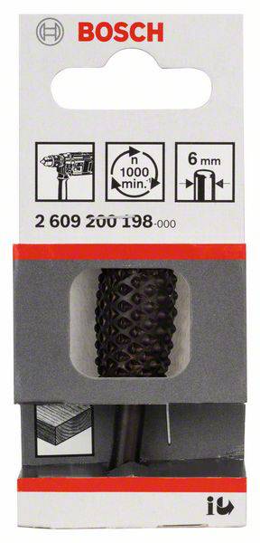 'Bosch' Verpackung mit Fräsaufsatz, Durchmesser 6 mm, mit Symbolen für Bohrmaschine und minimal 1000 Umdrehungen pro Minute.