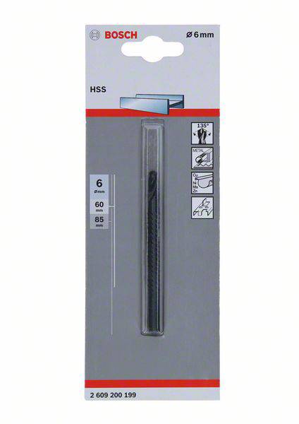 Verpackung eines Bosch HSS-Bohrers für Metall mit einem Durchmesser von 6 mm. Anleitung zur richtigen Handhabung und Sicherheitshinweisen.