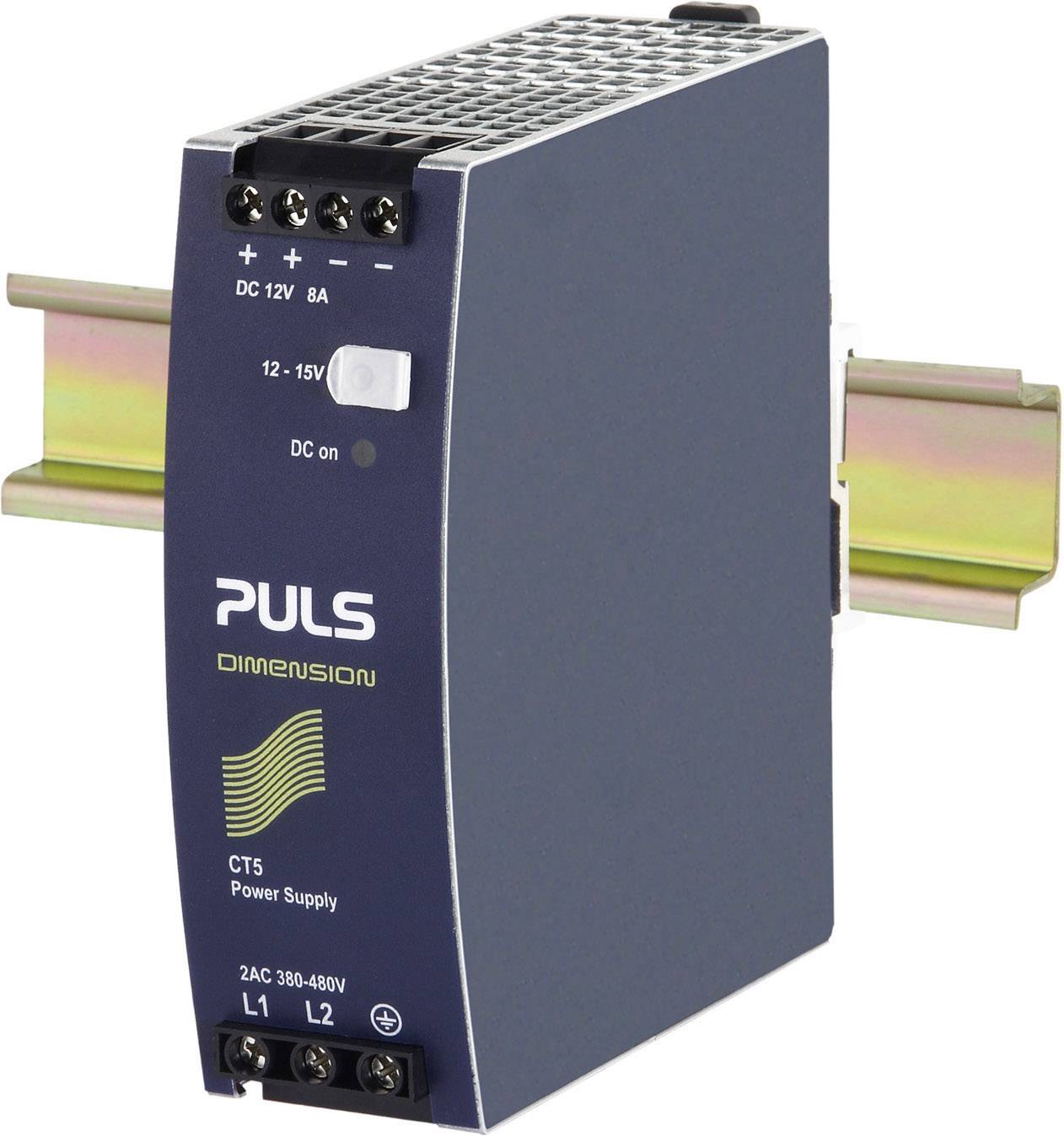 Ein Schaltnetzteil von Puls auf einer DIN-Schiene montiert. Modell: CT5. Hinweis auf Ein- und Ausgangsspannung und Stromstärke.