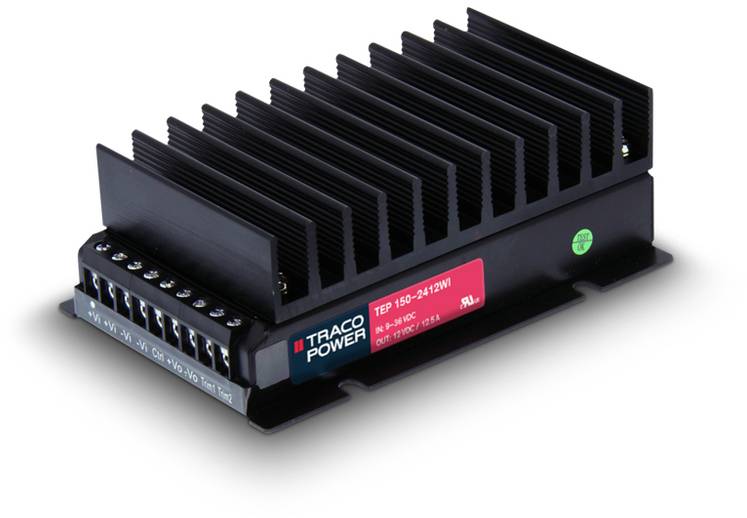Ein schwarzer elektronischer Spannungsregler mit Kühlrippen und Anschlussklemmen. Auf dem Gerät steht 'Traco Power TEP 150-2412WI'.