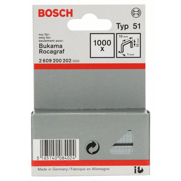 Bosch Accessories Flachdrahtklammer Typ 51, 10 x 1 x 10mm 1000 St. 2609200202 Abmessungen (L x B) 10mm x 10mm