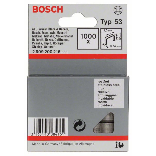 Bosch Accessories 2609200216 Feindrahtklammern Typ 53 1000 St. Abmessungen (L x B) 10mm x 11.4mm Bosch Accessories 2609200216 Feindrahtklammern Typ 53 1000 St. Abmessungen (L x B) 10mm x 11.4mm