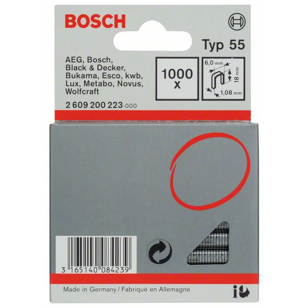 Bosch Accessories 2609200223 Schmalrückenklammern Typ 55 1000 St. Abmessungen (L x B) 18mm x 6mm Bosch Accessories 2609200223 Schmalrückenklammern Typ 55 1000 St. Abmessungen (L x B) 18mm x 6mm
