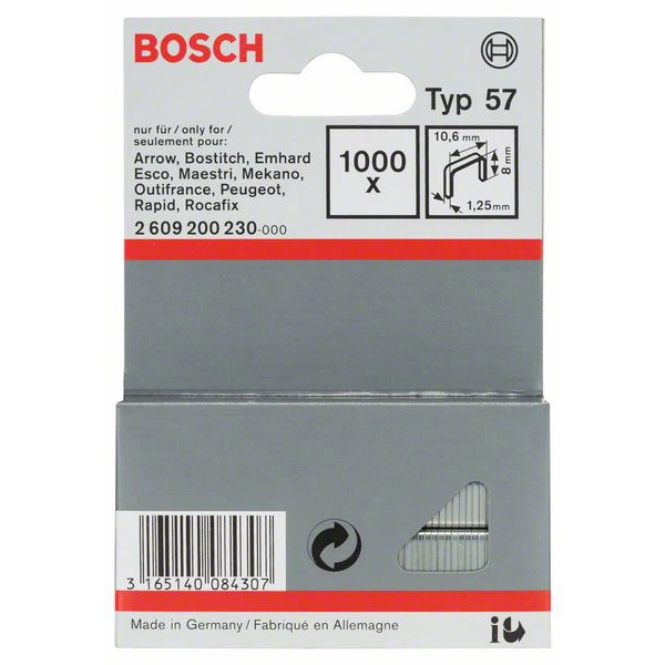 Bosch Accessories 2609200230 Flachdrahtklammern Typ 57 1000 St. Abmessungen (L x B) 8mm x 10.6mm Bosch Accessories 2609200230 Flachdrahtklammern Typ 57 1000 St. Abmessungen (L x B) 8mm x 10.6mm