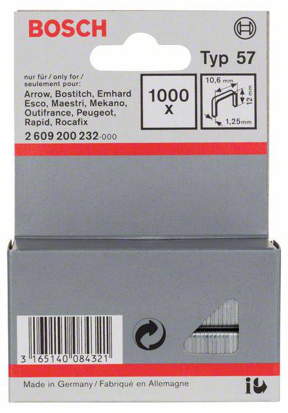 Verpackung von Bosch Typ 57 Heftklammern, geeignet für verschiedene Marken wie Arrow und Peugeot, enthält 1000 Stück, hergestellt in Deutschland.