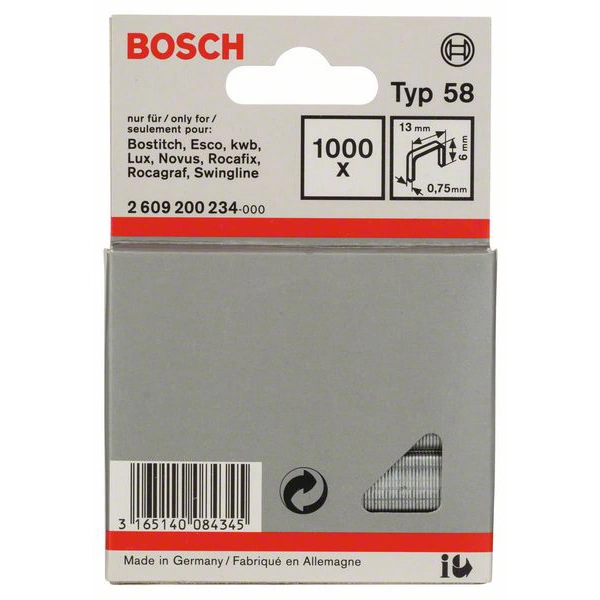 Bosch Accessories 2609200234 Feindrahtklammern Typ 58 1000 St. Abmessungen (L x B) 6mm x 13mm Bosch Accessories 2609200234 Feindrahtklammern Typ 58 1000 St. Abmessungen (L x B) 6mm x 13mm