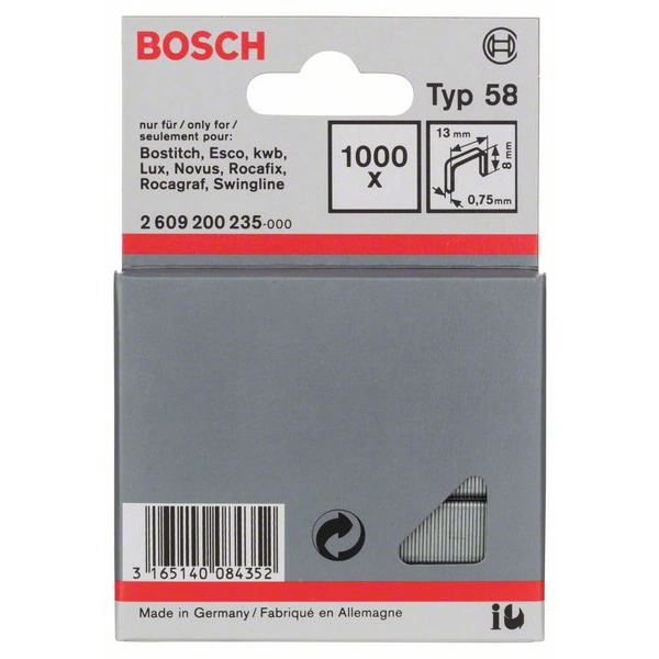 Bosch Accessories 2609200235 Feindrahtklammern Typ 58 1000 St. Abmessungen (L x B) 8mm x 13mm Bosch Accessories 2609200235 Feindrahtklammern Typ 58 1000 St. Abmessungen (L x B) 8mm x 13mm