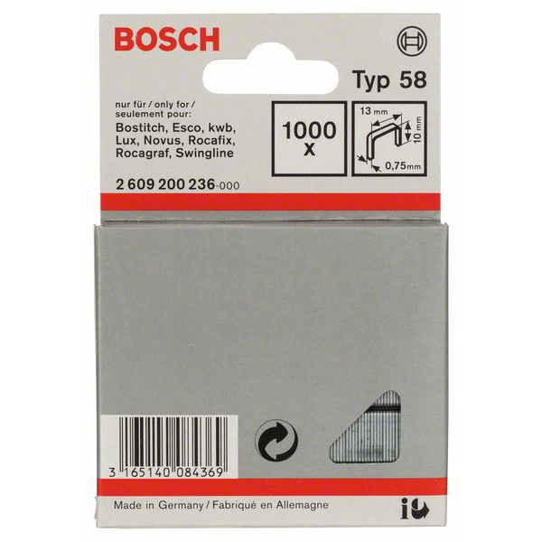 Bosch Accessories 2609200236 Feindrahtklammern Typ 58 1000 St. Abmessungen (L x B) 10mm x 13mm Bosch Accessories 2609200236 Feindrahtklammern Typ 58 1000 St. Abmessungen (L x B) 10mm x 13mm