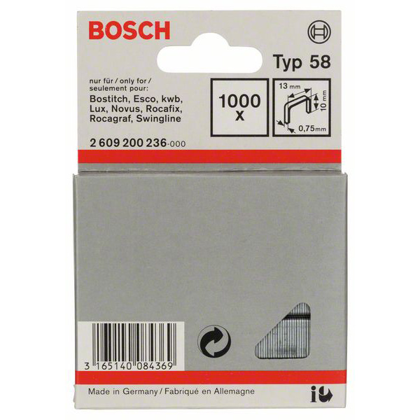 Bosch Accessories Feindrahtklammer Typ 58, 13 x 0,75 x 10 mm, 1000er-Pack 1000 St. 2609200236