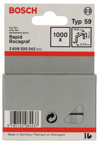 Die Verpackung zeigt Bosch Typ 59 Heftklammern, 1000 Stück, 10,6 mm x 12 mm, für Rapid Rocagraf. Hergestellt in Deutschland.