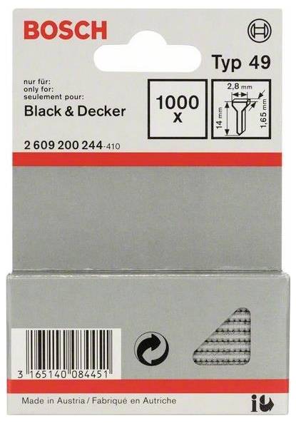 Verpackung von Bosch Typ 49 Heftklammern, 1000 Stück, speziell für Black & Decker. Maße: 14 mm x 2,8 mm. Hergestellt in Österreich.
